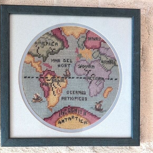 Vintage Framed Handmade Needlework Old World Map Embroidery Art Set of 2 - Picture 2 of 12